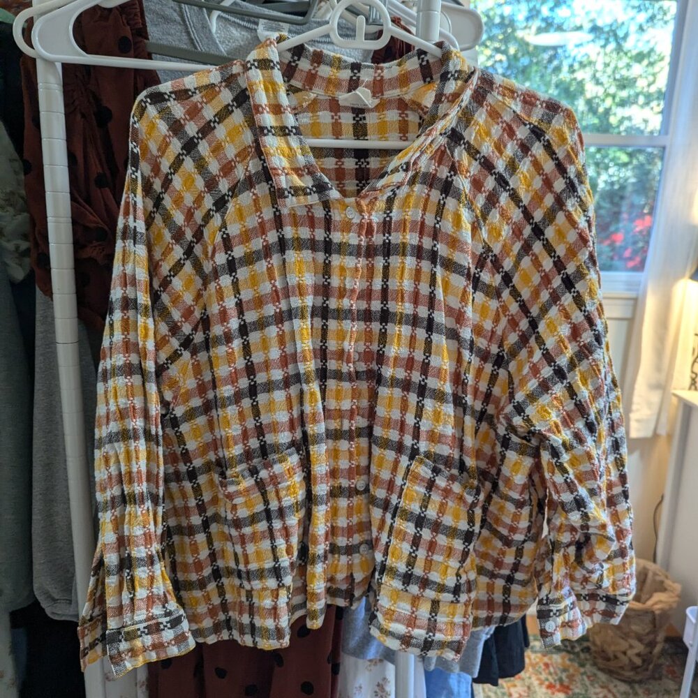 Beaton Linen Utility Crop, button up, harvest plaid